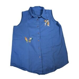 Vintage 90's Flintstones Fred Wilma Pebbles Bam Bam Denim Button‎ Shirt Medium